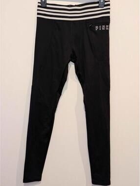 PINK Black Leggings Striped Waist Zipped Pocket